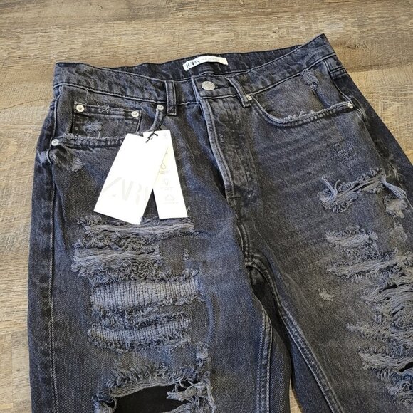 NWT ZARA | Slim Cropped Distressed Denim Jeans | Sz. 42 (US 32) - Picture 3 of 9